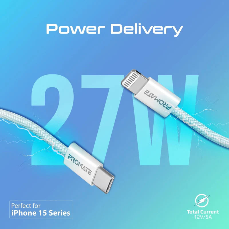 PROMATE 1.2M Super-Fast 27W Power Delivery USB-C to Lightning Fabric Braided Cable - White