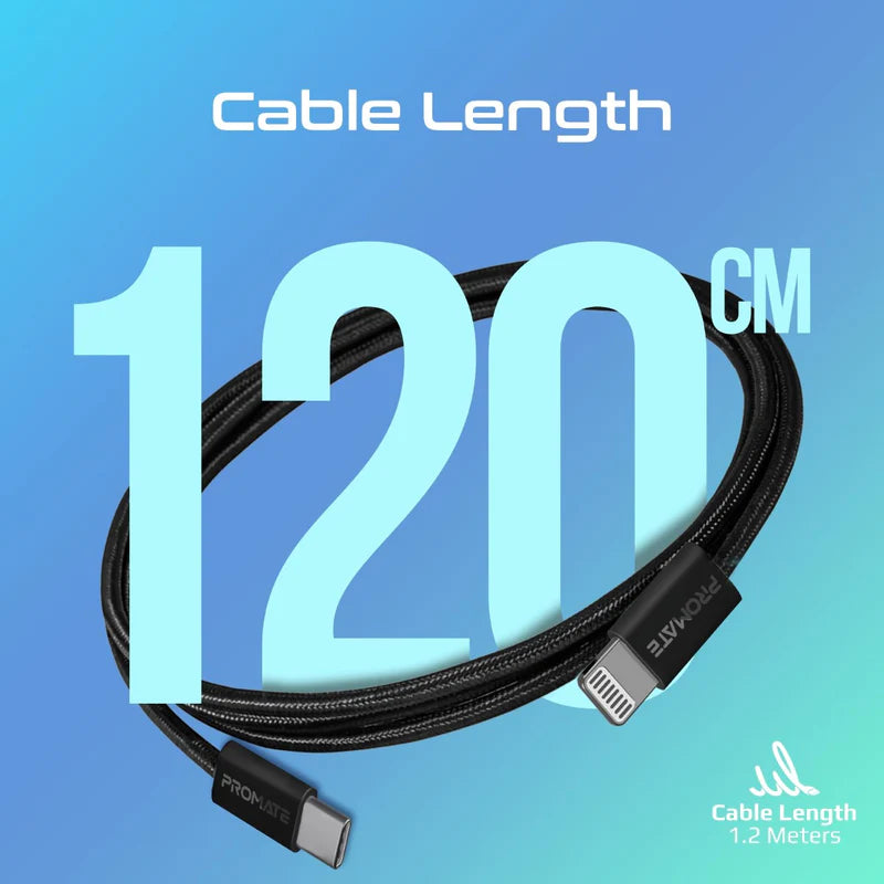 PROMATE 1.2M Super-Fast 27W Power Delivery USB-C to Lightning Fabric Braided Cable - Black