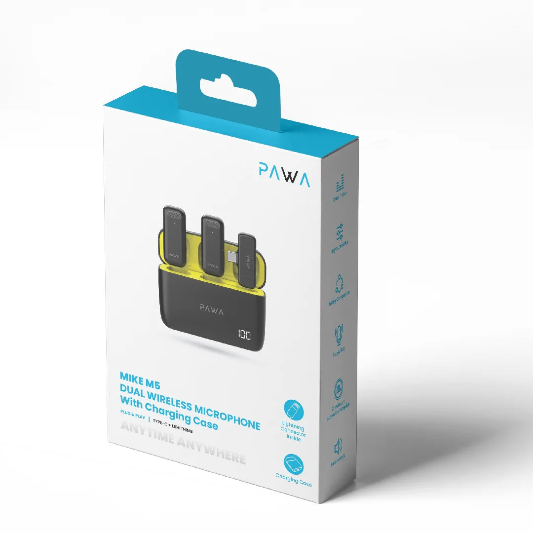 PW-LDMCCCL7 , PAWA Mike M5 Dual Wireless Microphone with charging Case Type c+lightning
