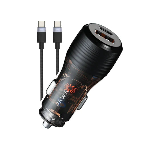 PW-CC51CA1T-TP | PAWA Solid Car Charger Dual Port PD+QC 51W With Braided Typec To Typec Cable | Transparent