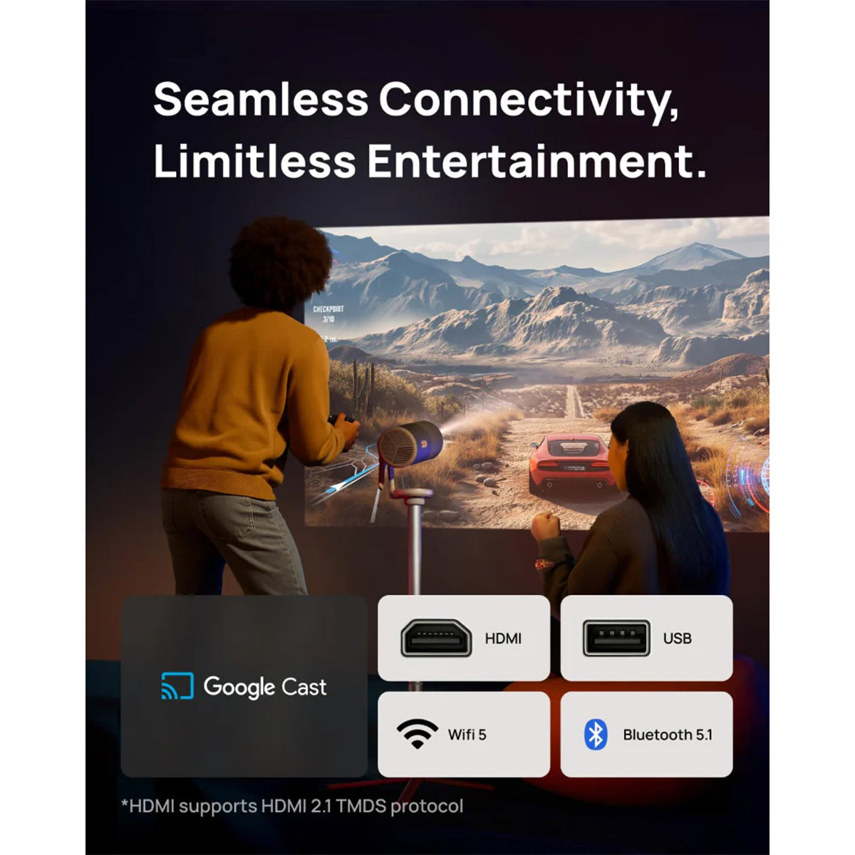 جهاز عرض سينمائي محمول من Xgimi Google TV بشاحن Type-C، بدقة 1080 بكسل و450 لومن ISO، وبطارية مدمجة تدوم 2.5 ساعة، وحامل قاعدة طاقة، وفلتر إبداعي مغناطيسي واحد