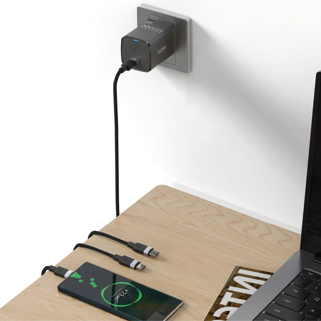 PW-TCR25UKT-BK | PAWA Retro 25W With Type-C Port UK Plug With Type-C To Type-C Cable | Black