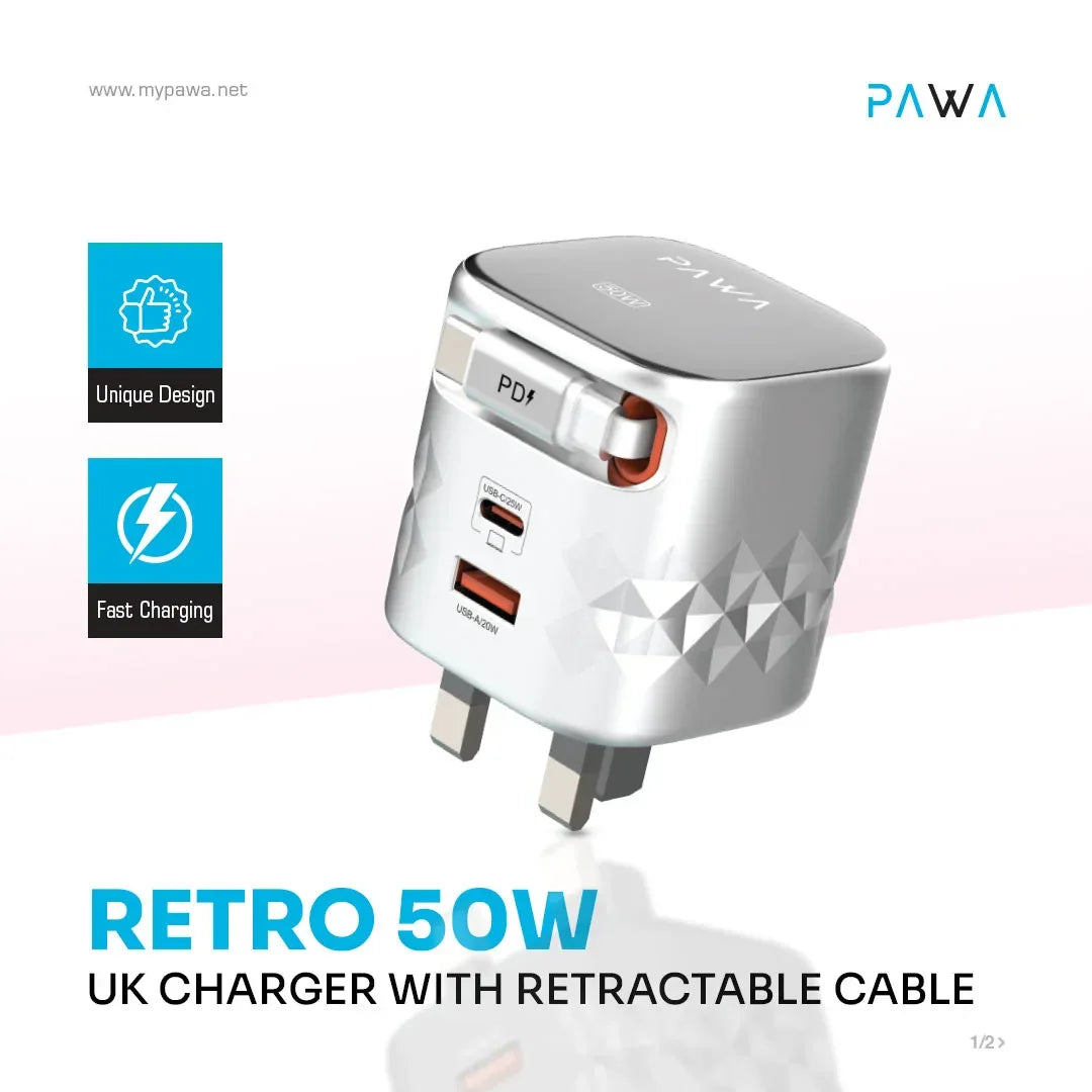Pawa Retro 50W UK Charger With Retractable Cable - Grey & Black ( PW-TAR50ACT-GYBK)
