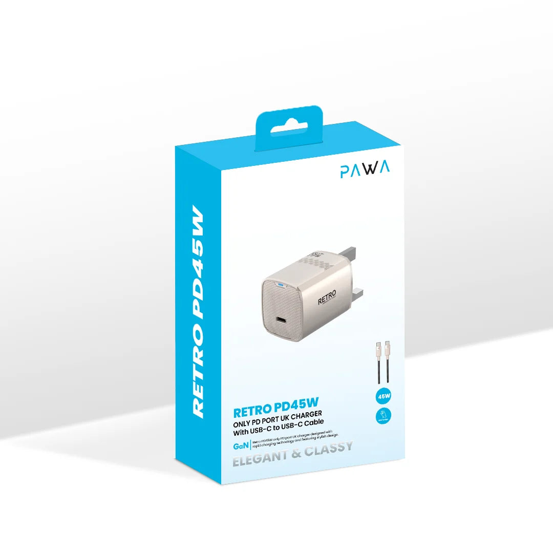 PW-TCR45UKT-TT | PAWA Retro 45W With Type-C Port UK Plug With Type-C To Type-C Cable | Titanium