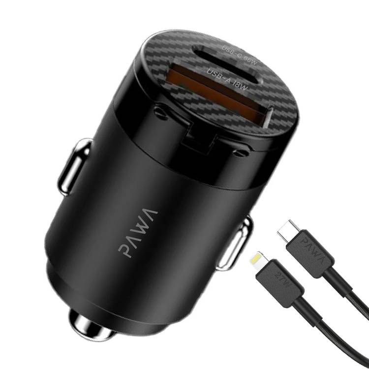 PW-PDTCN65WL-BK , Pawa Supermini Dual Port Car Charger 65W with braided Type-c to Lightning cable-black