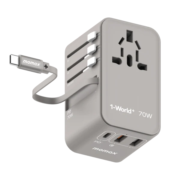 UA18E , 1-World+ 70W GaN 3-Port w/ Built-in USB-C Cable + AC Travel Adaptor (Grey)