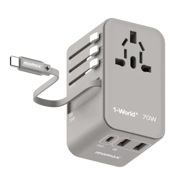 UA18E، 1-World+ 70W GaN 3-Port مع كابل USB-C مدمج + محول سفر تيار متردد (رمادي)