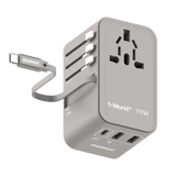 UA18E , 1-World+ 70W GaN 3-Port w/ Built-in USB-C Cable + AC Travel Adaptor (Grey)