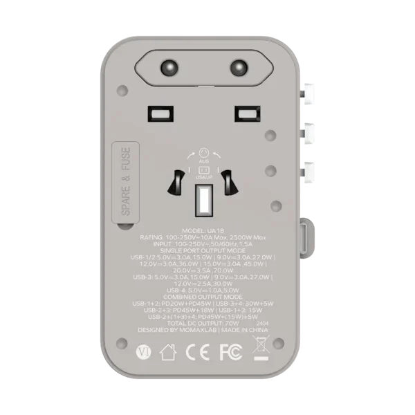 UA18E , 1-World+ 70W GaN 3-Port w/ Built-in USB-C Cable + AC Travel Adaptor (Grey)