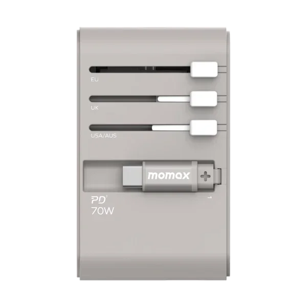 UA18E , 1-World+ 70W GaN 3-Port w/ Built-in USB-C Cable + AC Travel Adaptor (Grey)
