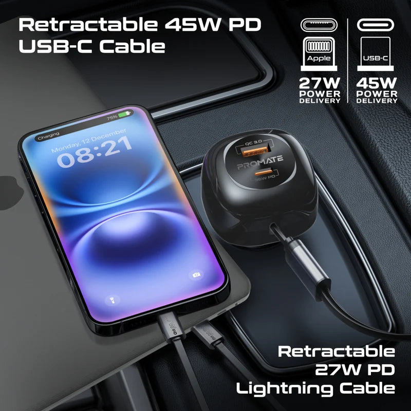 PROMATE 81W Multi-Port Car Charger with Retractable USB-C & Lightning Cables