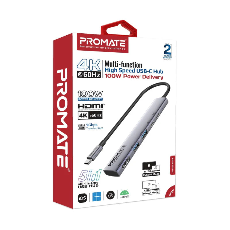 PROMATE 4K@60Hz Multi-function High Speed USB-C Hub with 100W Power Delivery