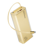PROMATE Lucid-45W 20,000mAh power bank featuring 45W fast charging, a built-in retractable USB-C cable for cable-free convenience - Gold