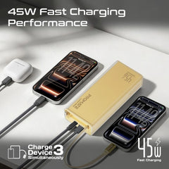 PROMATE Lucid-45W 20,000mAh power bank featuring 45W fast charging, a built-in retractable USB-C cable for cable-free convenience - Gold