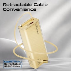 PROMATE Lucid-45W 20,000mAh power bank featuring 45W fast charging, a built-in retractable USB-C cable for cable-free convenience - Gold