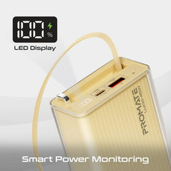PROMATE Lucid-45W 20,000mAh power bank featuring 45W fast charging, a built-in retractable USB-C cable for cable-free convenience - Gold