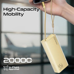 PROMATE Lucid-45W 20,000mAh power bank featuring 45W fast charging, a built-in retractable USB-C cable for cable-free convenience - Gold
