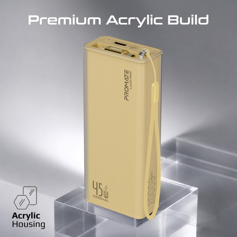 PROMATE Lucid-45W 20,000mAh power bank featuring 45W fast charging, a built-in retractable USB-C cable for cable-free convenience - Gold