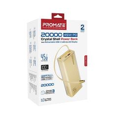 PROMATE Lucid-45W 20,000mAh power bank featuring 45W fast charging, a built-in retractable USB-C cable for cable-free convenience - Gold