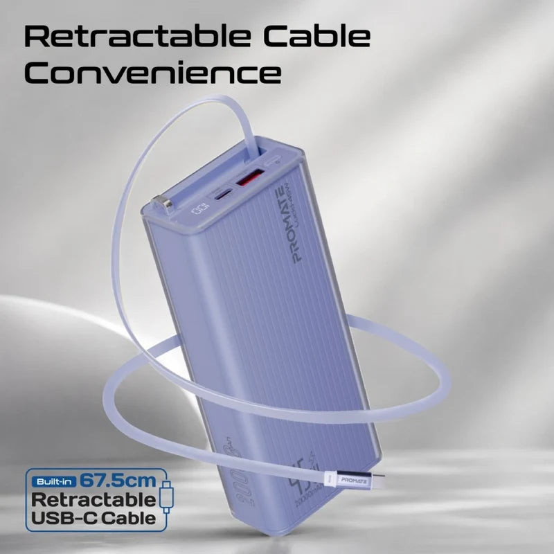 PROMATE Lucid-45W 20,000mAh power bank featuring 45W fast charging, a built-in retractable USB-C cable for cable-free convenience - Purple