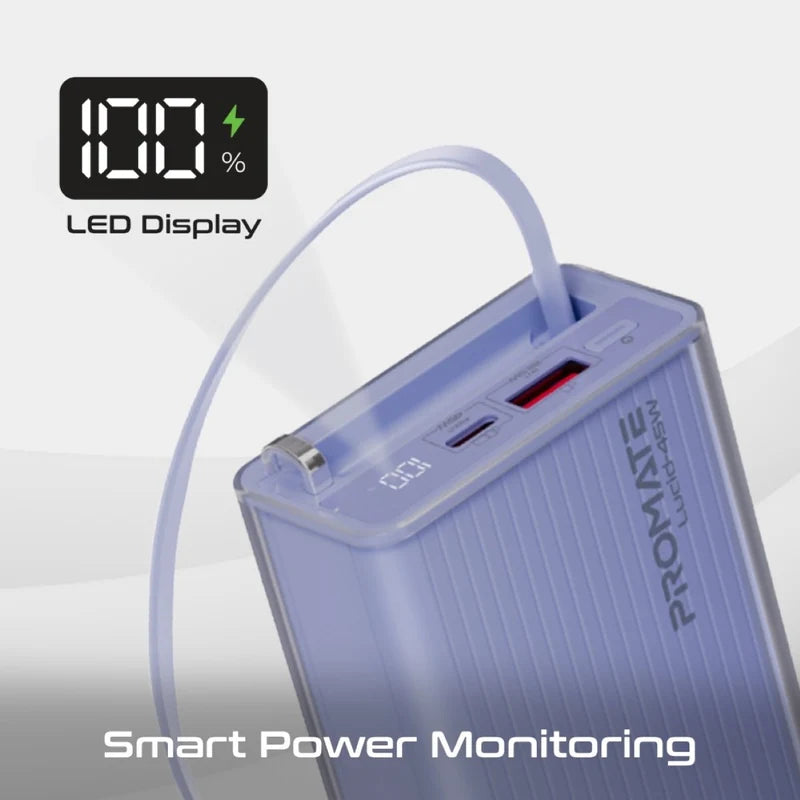 PROMATE Lucid-45W 20,000mAh power bank featuring 45W fast charging, a built-in retractable USB-C cable for cable-free convenience - Purple