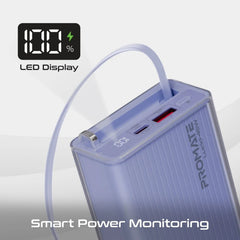 PROMATE Lucid-45W 20,000mAh power bank featuring 45W fast charging, a built-in retractable USB-C cable for cable-free convenience - Purple