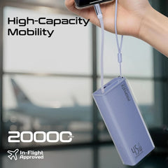 PROMATE Lucid-45W 20,000mAh power bank featuring 45W fast charging, a built-in retractable USB-C cable for cable-free convenience - Purple