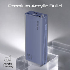 PROMATE Lucid-45W 20,000mAh power bank featuring 45W fast charging, a built-in retractable USB-C cable for cable-free convenience - Purple