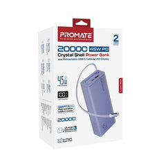 PROMATE Lucid-45W 20,000mAh power bank featuring 45W fast charging, a built-in retractable USB-C cable for cable-free convenience - Purple