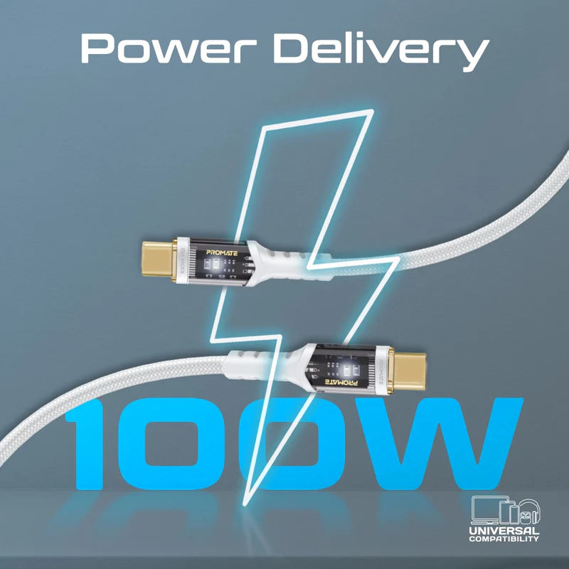 (LucidLine-CC200.White) PROMATE 2M USB-C Cable, 100W Power Delivery, Transparent Tips LED, 480 Mbps Transfer Rate, Gold Plated Connectors - White
