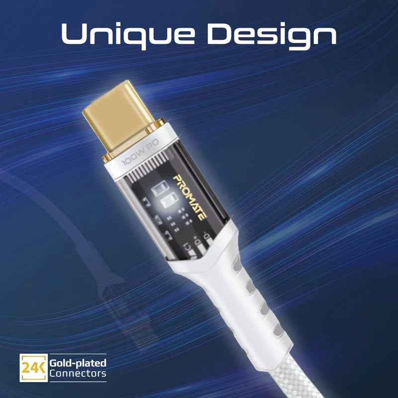 (LucidLine-CC200.White) PROMATE 2M USB-C Cable, 100W Power Delivery, Transparent Tips LED, 480 Mbps Transfer Rate, Gold Plated Connectors - White