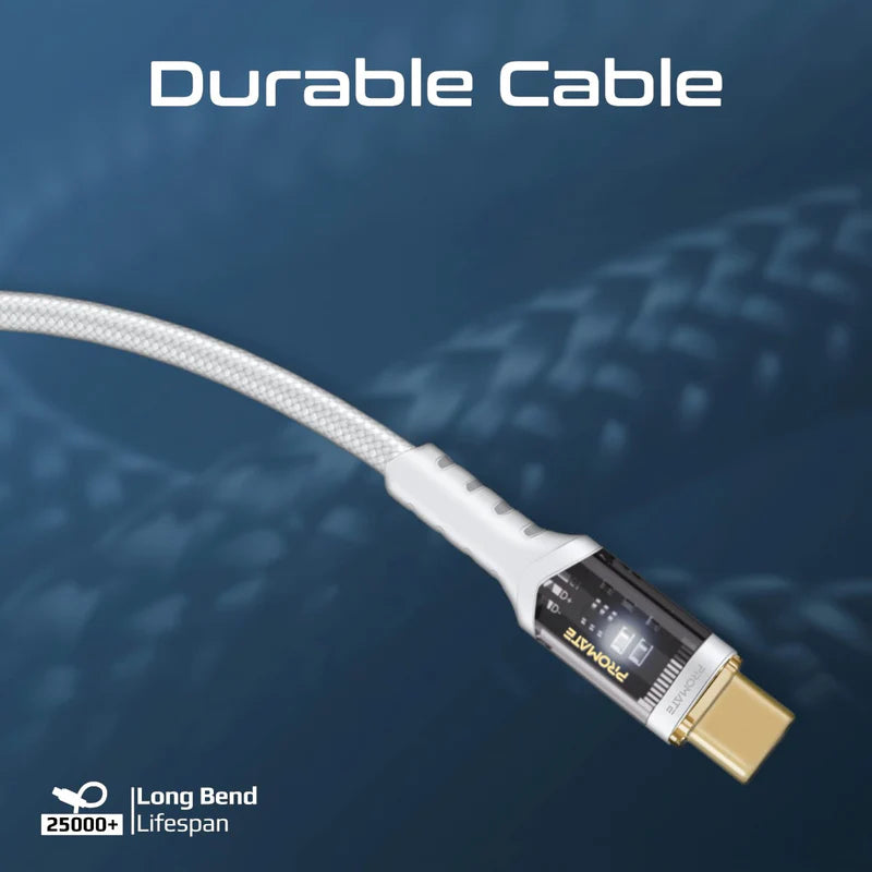 (LucidLine-CC200.White) PROMATE 2M USB-C Cable, 100W Power Delivery, Transparent Tips LED, 480 Mbps Transfer Rate, Gold Plated Connectors - White
