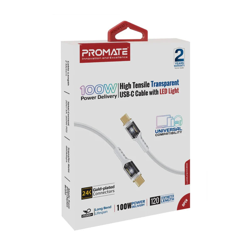 (LucidLine-CC200.White) PROMATE 2M USB-C Cable, 100W Power Delivery, Transparent Tips LED, 480 Mbps Transfer Rate, Gold Plated Connectors - White