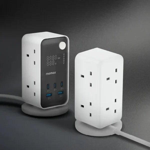 US21UKW | برج طاقة موماكس بشاحن واحد و6 منافذ عرض رقمية مع منفذ USB | أبيض