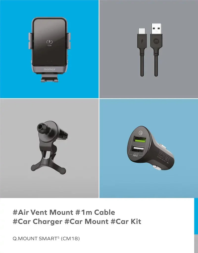 CM18D | MOMAX Q.Mount Smart5 15W Rotatable IR Wireless Charging Car Mount  | Black
