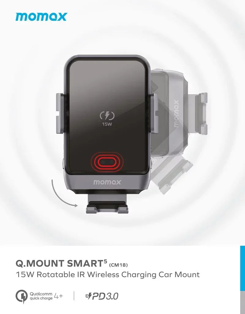 CM18D | MOMAX Q.Mount Smart5 15W Rotatable IR Wireless Charging Car Mount  | Black