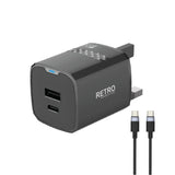 PW-TR225UKT-BK | كابل باوا ريترو ٢٥ واط مع منفذ PD+QC، قابس بريطاني، وكابل من النوع C إلى النوع C | أسود