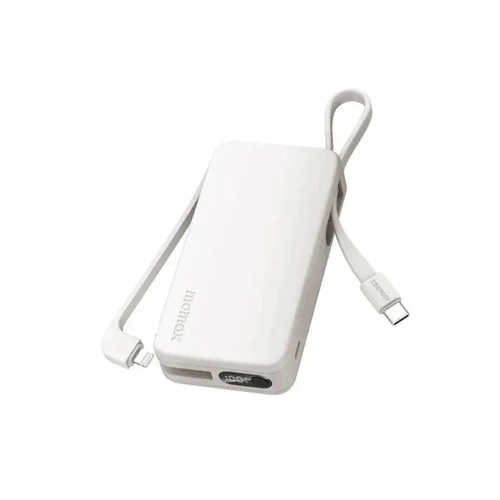 IP138MFIW | Momax 1-Power Vital+ 10000mAh Battery Pack with Built-in USB-C and Lightning Cable | White
