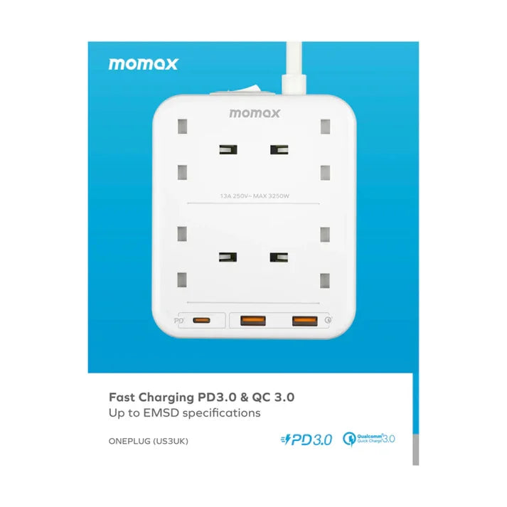US3UKW | موزع طاقة موماكس ون بلج بأربعة منافذ مع منفذ USB | PD 20 واط 2 أمبير 1 أمبير