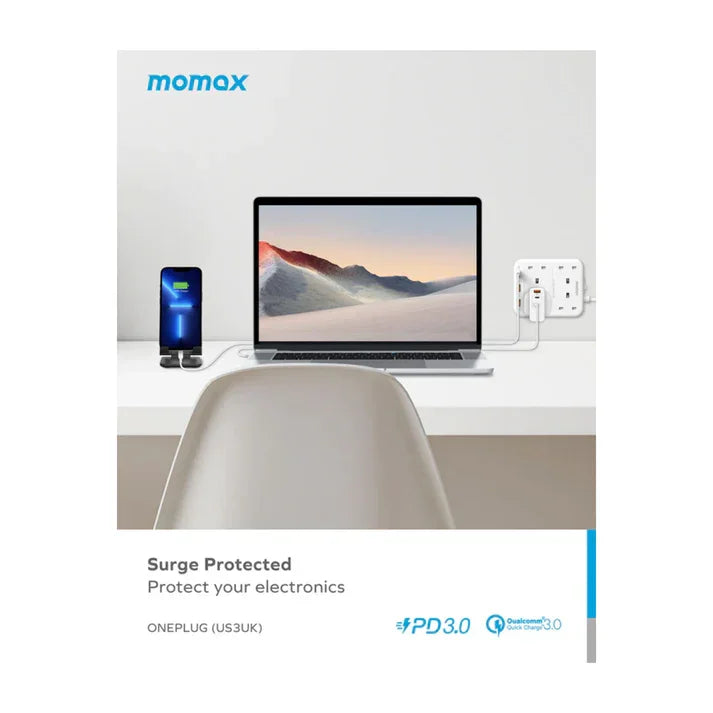 US3UKW | Momax ONEPLUG 4-Outlet Power Strip With USB | PD 20W 2A 1C