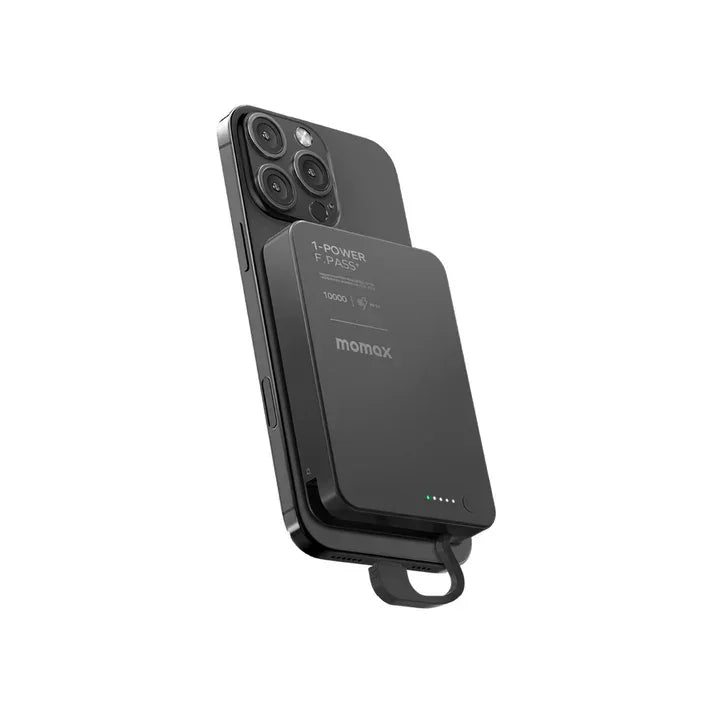 IP158D | بطارية Momax 1-Power F.Pass+ سعة 10000 مللي أمبير/ساعة مع كابل مدمج وملحق مغناطيسي | أسود