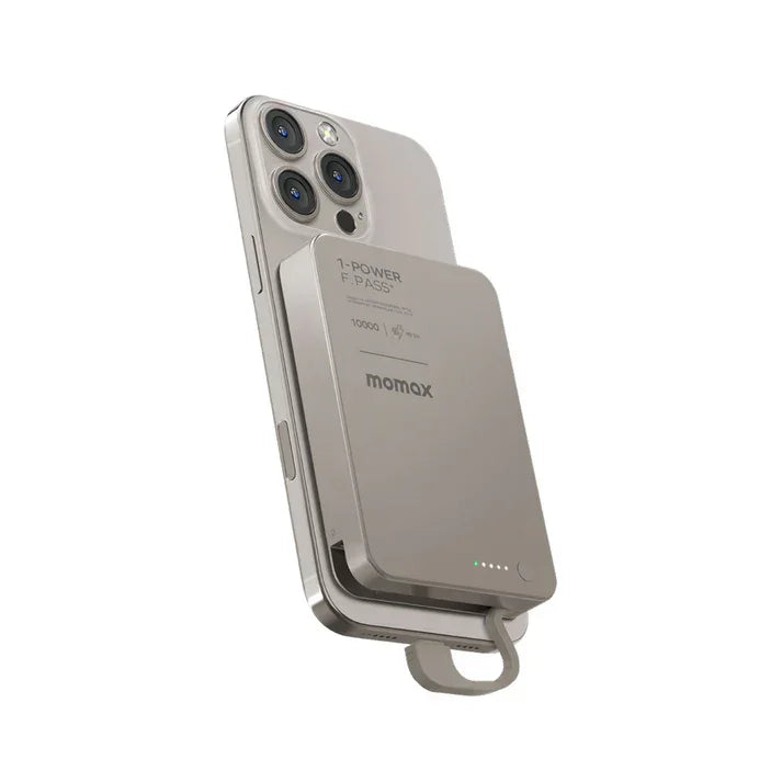 IP158L | بطارية Momax 1-Power F.Pass+ سعة 10000 مللي أمبير/ساعة مع كابل مدمج وملحق مغناطيسي | تيتانيوم