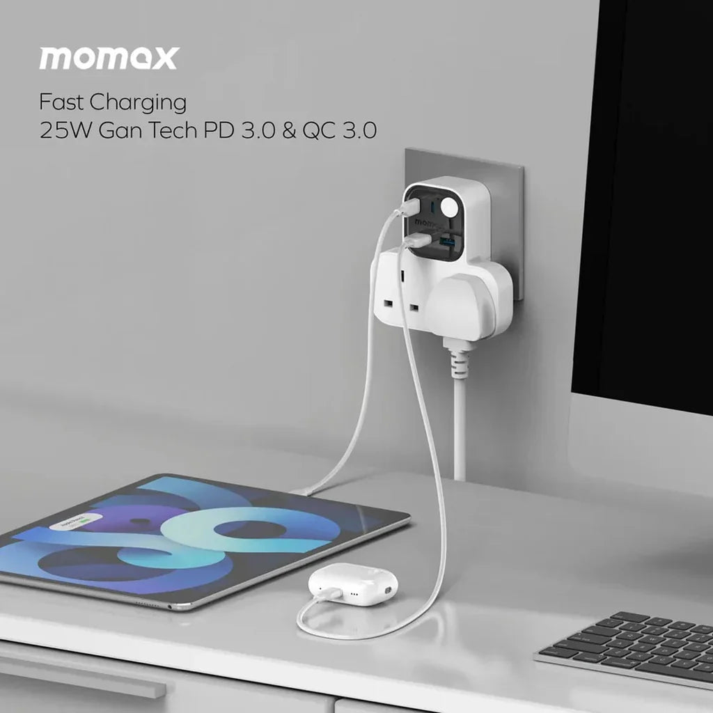US17UKW | Momax 1-Charge Work Flow T-shaped Extention 2 Socket with USB  | White