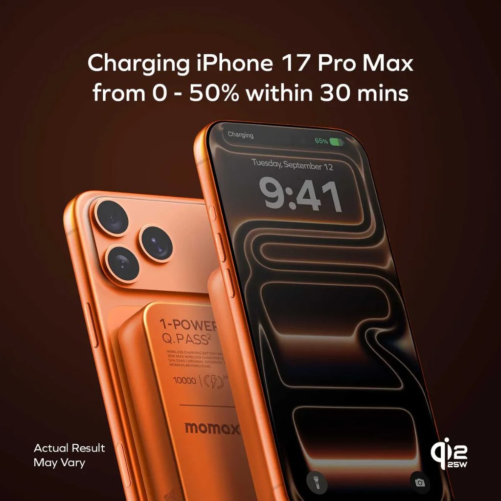 IP168Q22M | Momax 1-Power Q.Pass2 10000mAh Qi2.2 Magnetic Wireless Battery Pack | Orange