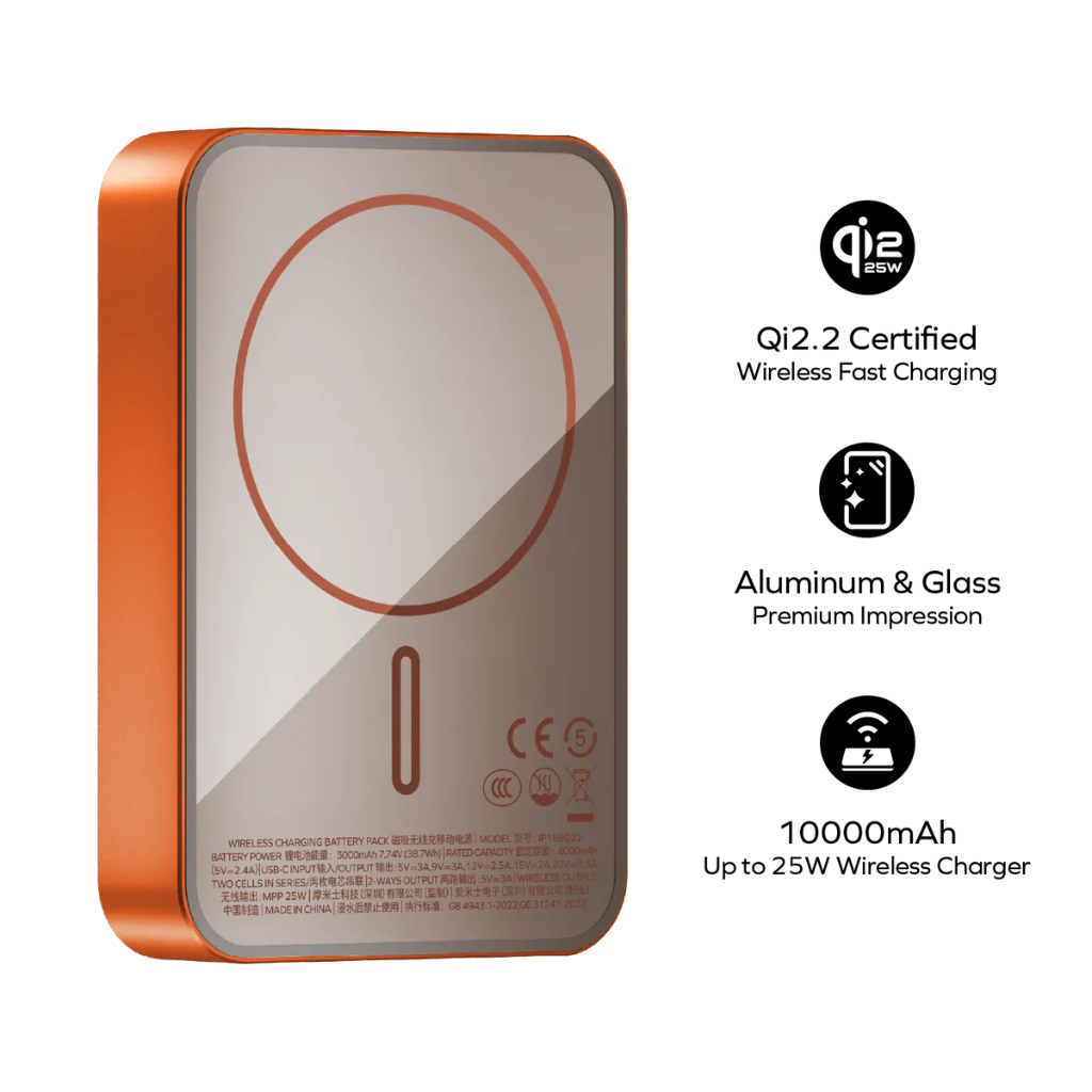 IP168Q22M | Momax 1-Power Q.Pass2 10000mAh Qi2.2 Magnetic Wireless Battery Pack | Orange