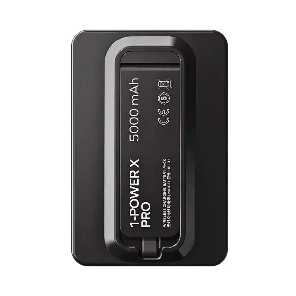 IP131HKD | Momax 1-Power X Pro Magnetic Wireless Battery Pack | 5000mAh with Stand and Built-in USB-C Cable | Black