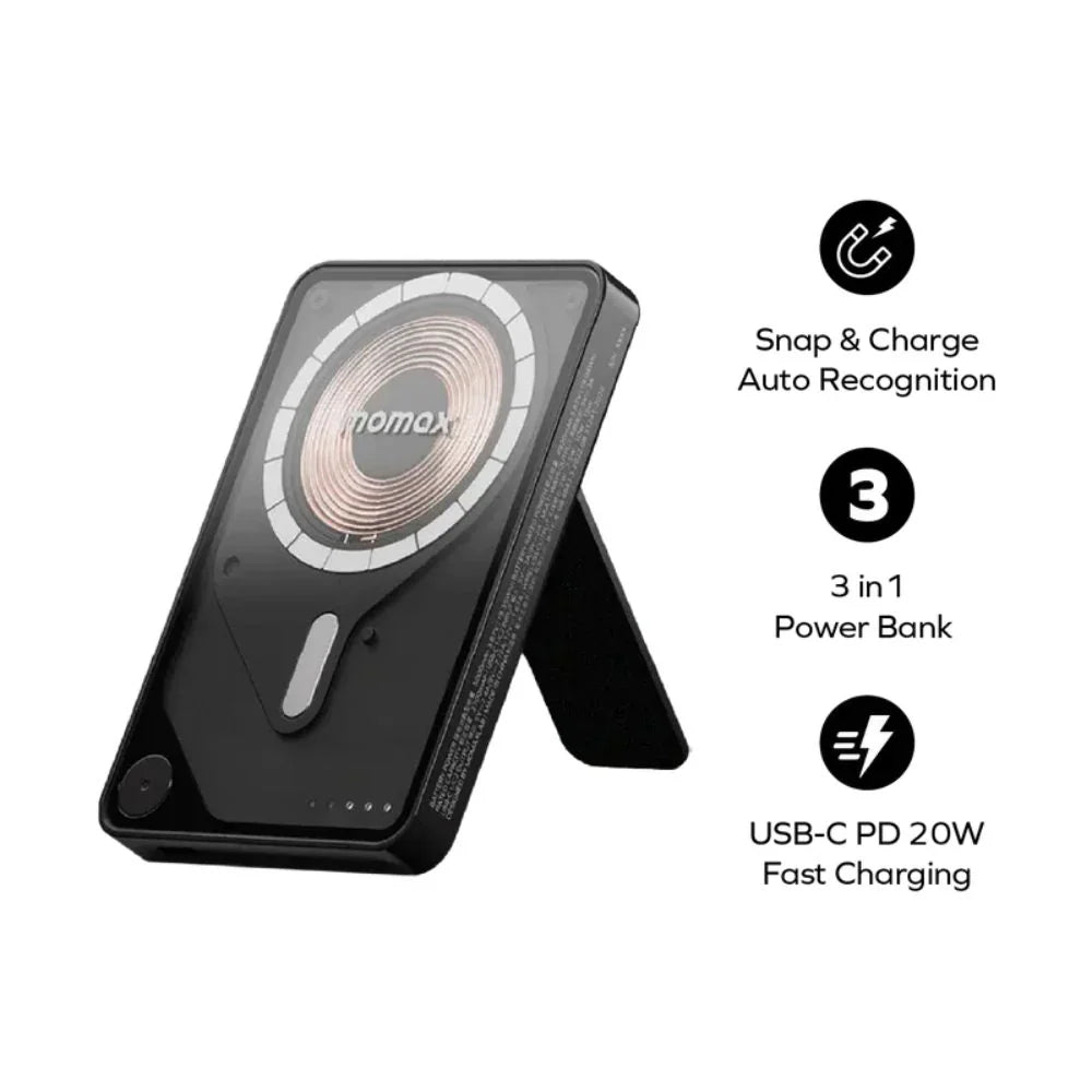 IP131HKD | Momax 1-Power X Pro Magnetic Wireless Battery Pack | 5000mAh with Stand and Built-in USB-C Cable | Black