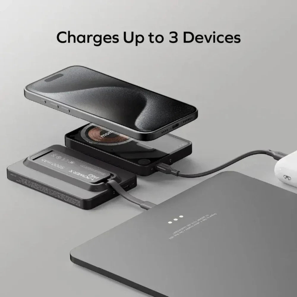IP131HKD | Momax 1-Power X Pro Magnetic Wireless Battery Pack | 5000mAh with Stand and Built-in USB-C Cable | Black