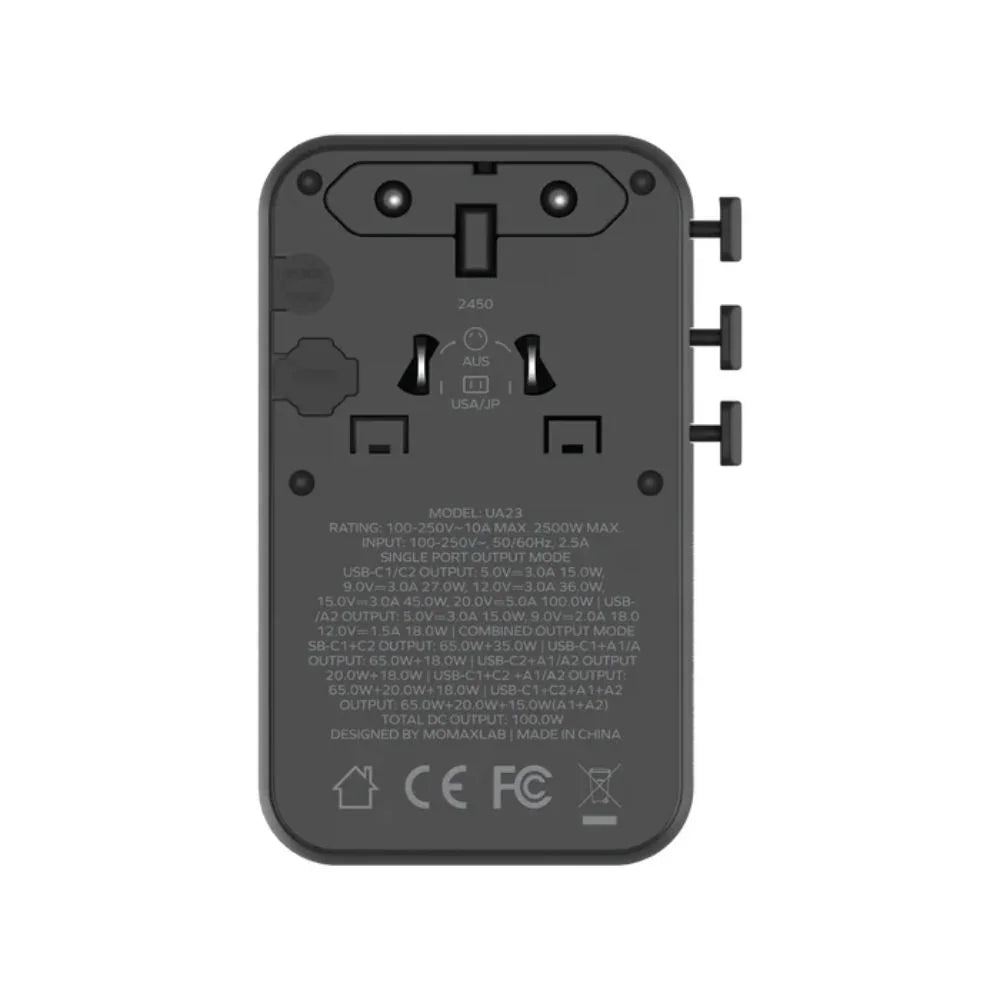 UA23D | Momax 1-World2 100W 4-Port USB-C Dual AC Travel Adaptor | Black