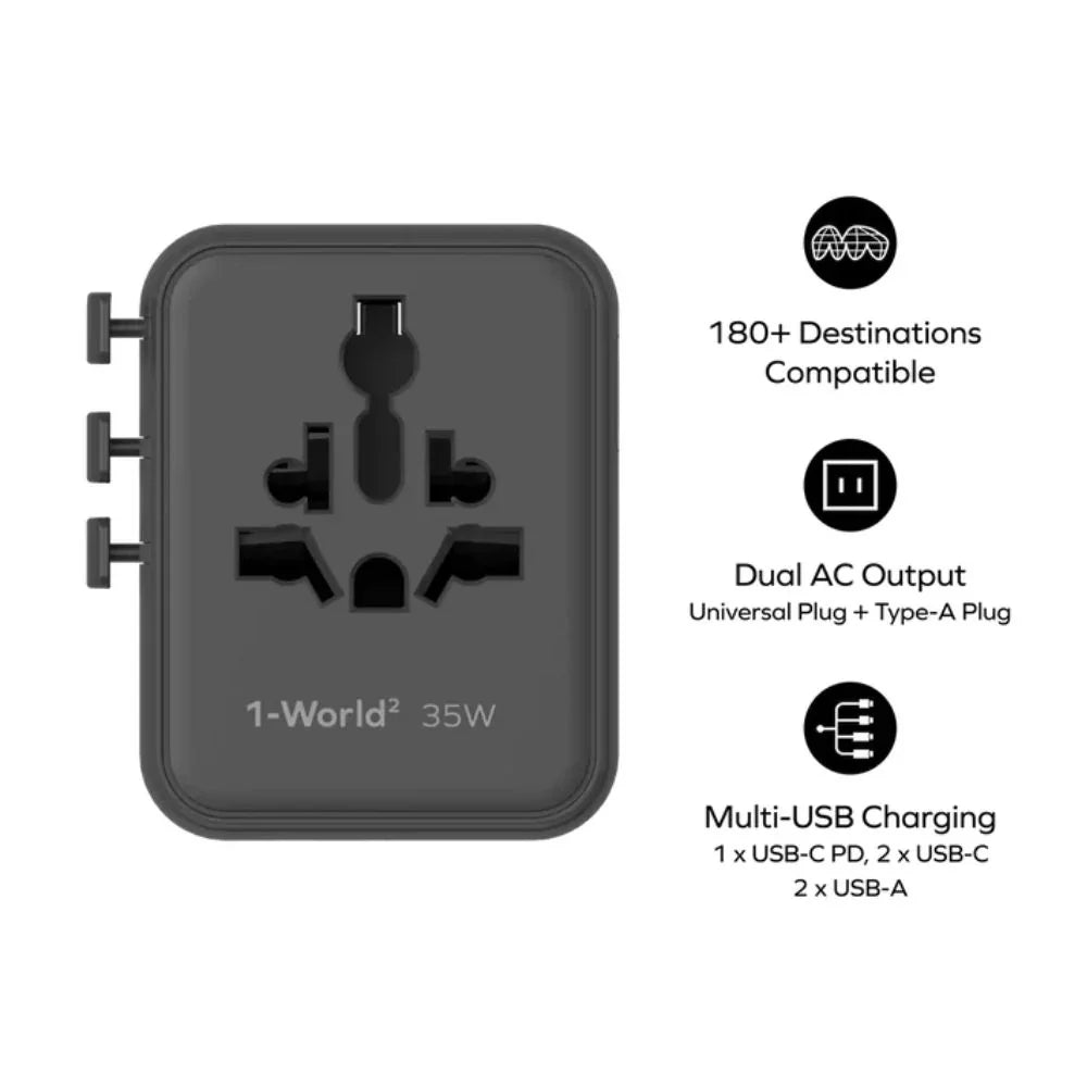 UA27D | Momax 1-World2 35W 5-Port Dual AC Travel Adaptor | Black